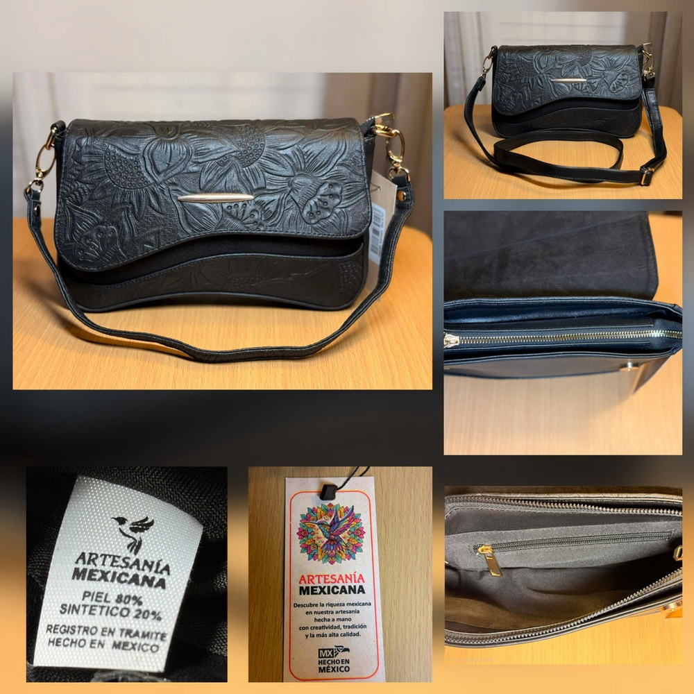 2 Straps Set Black Embossed Tooled Artisan LEATHER Shoulder Bag Crossbody Purse - Picture 11 of 15